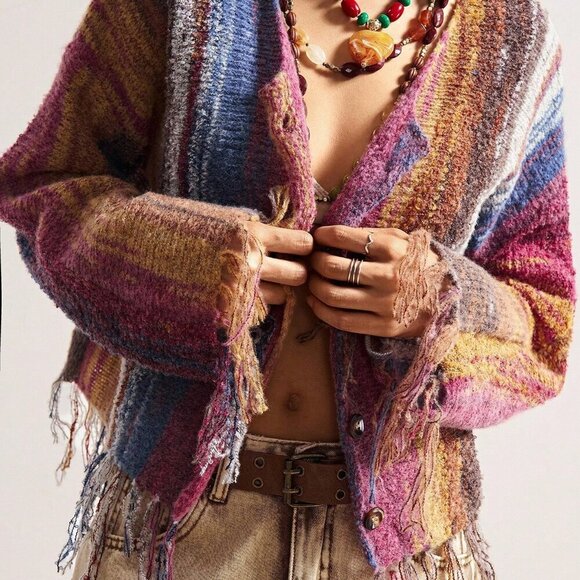 Multicolor Casual Women's colorful Ombre Striped Fringe Hem Cardigan - Picture 5 of 8